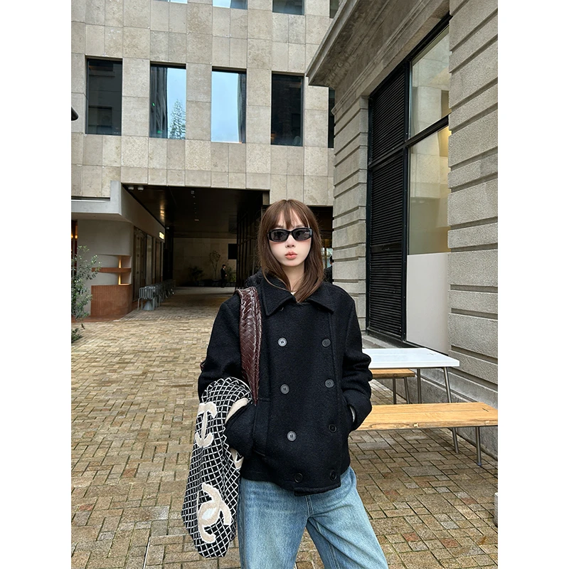 D YANGJUN 大衣女外套秋冬季高级感复古时髦双排翻领短款毛呢外套