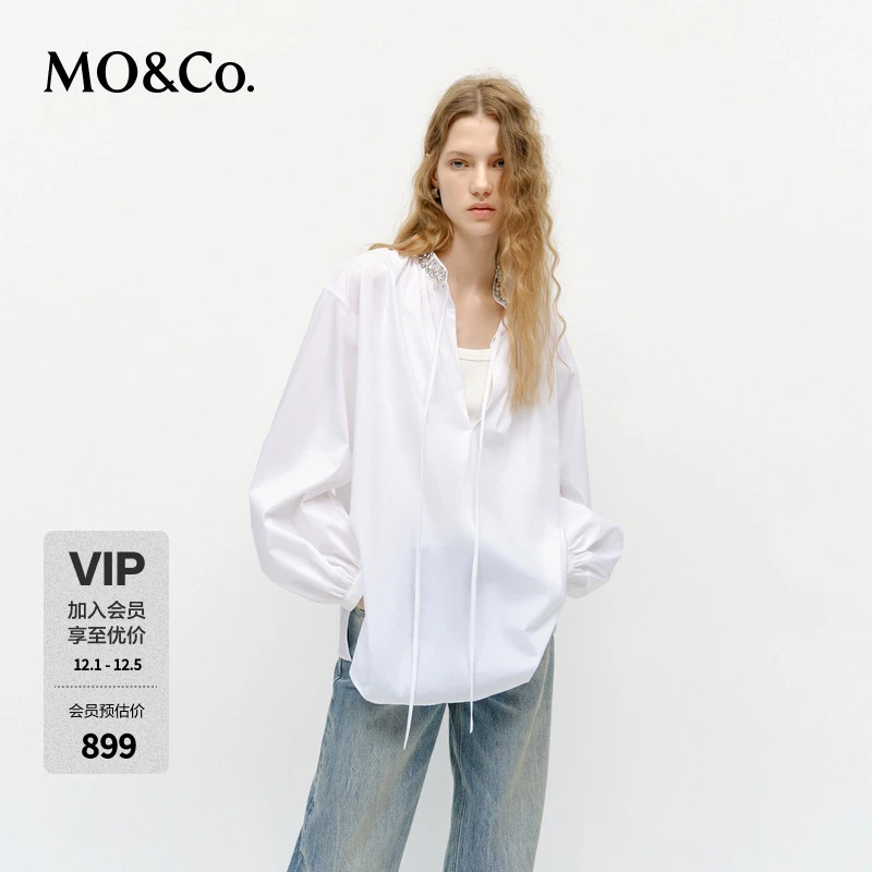 MOCO上衣2025春新品全手工络花钻饰轻柔骨感白色衬衣MBE1TOP003
