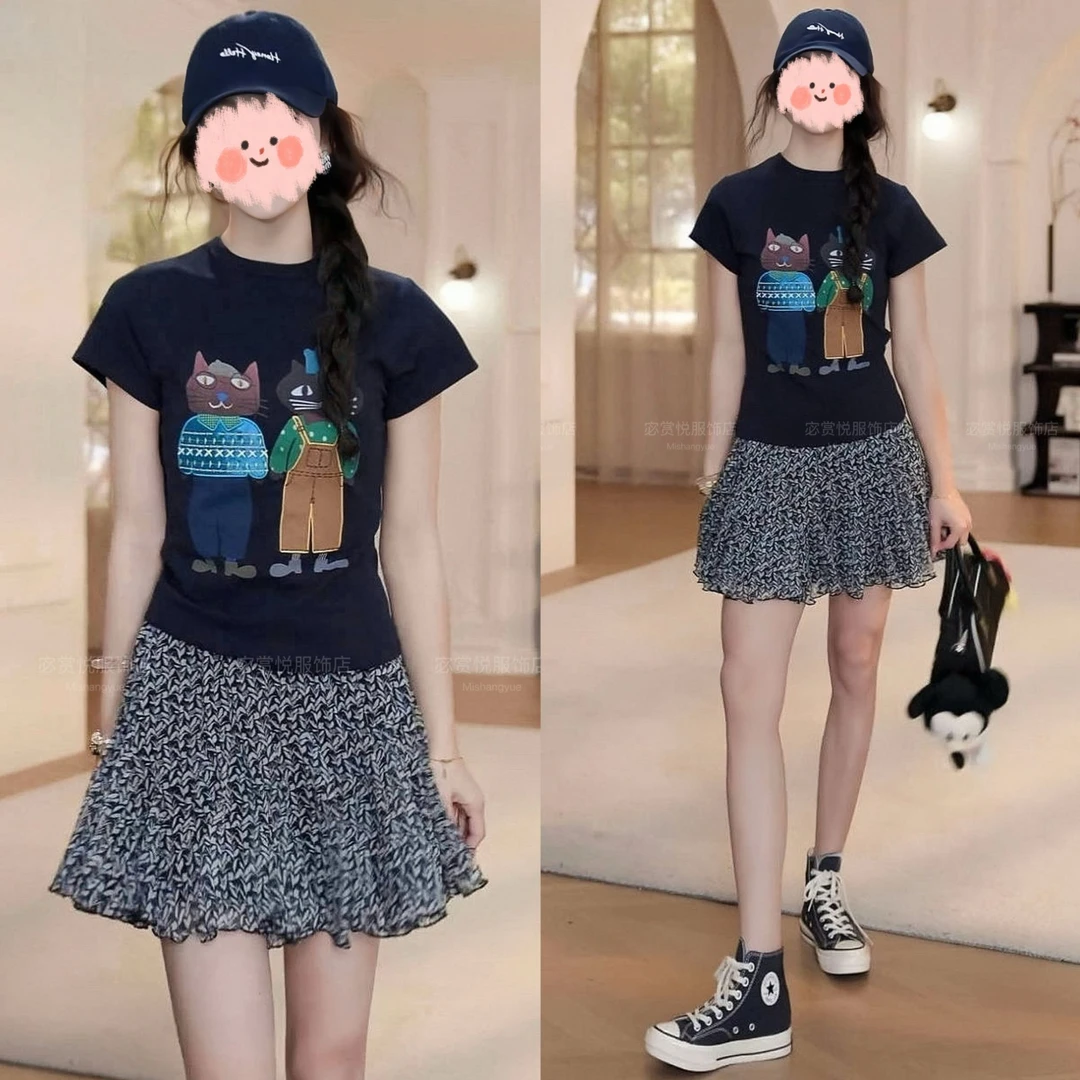 2025夏季卡通印花短袖T恤上衣百搭碎花半身裙休闲套装洋气衣服女