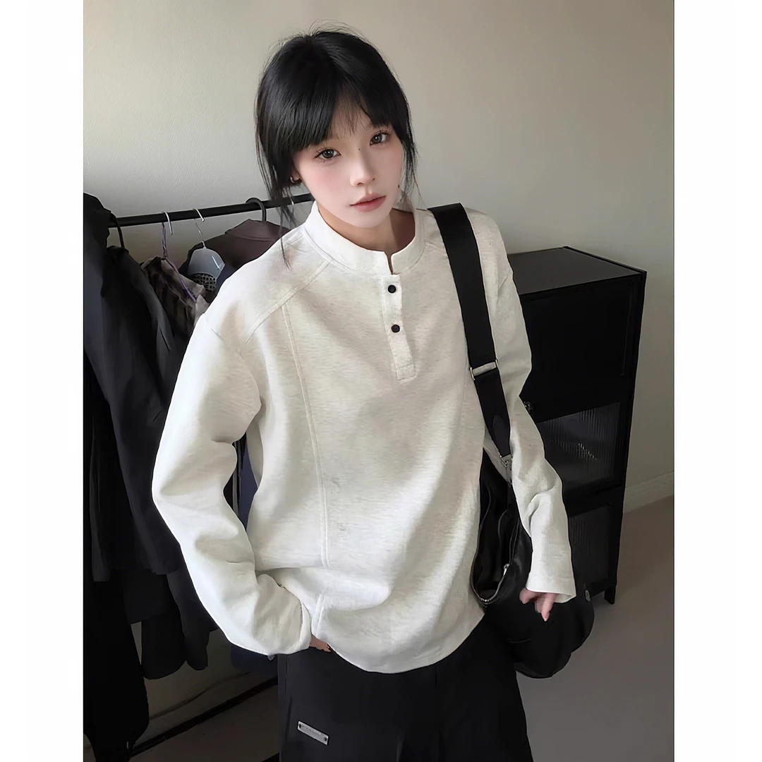 白灰色亨利领正肩长袖t恤男秋季美式解构拼接重磅卫衣立领打底衫