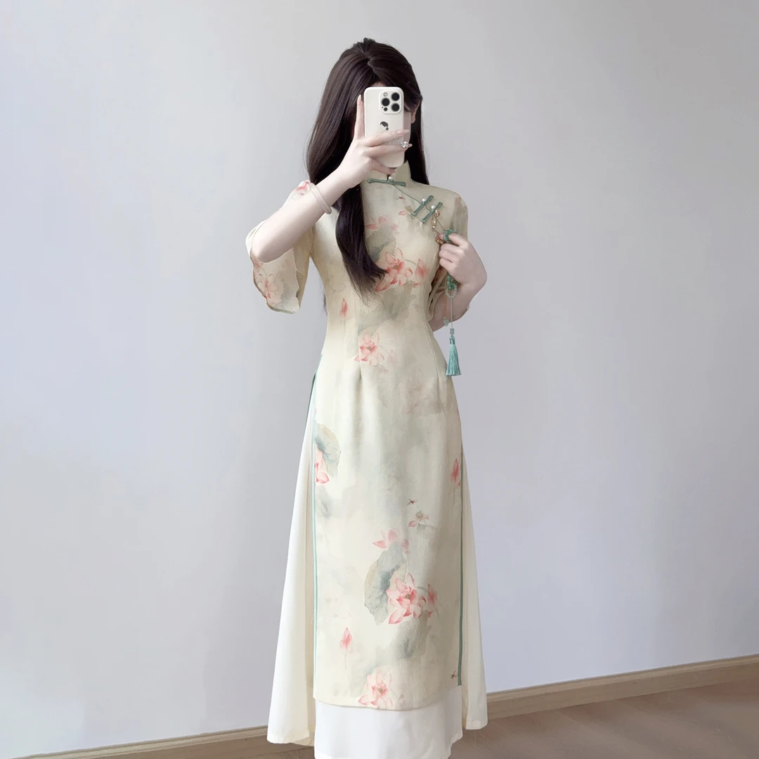 汀玥苓旗袍2025新款春夏奥黛少女年轻款改良新中式国风茶服连衣裙