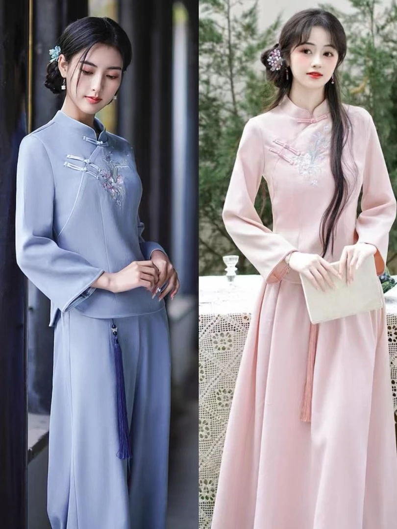926新中式两件套绣花旗袍上衣中国风纯手工盘扣唐装茶艺服女禅服