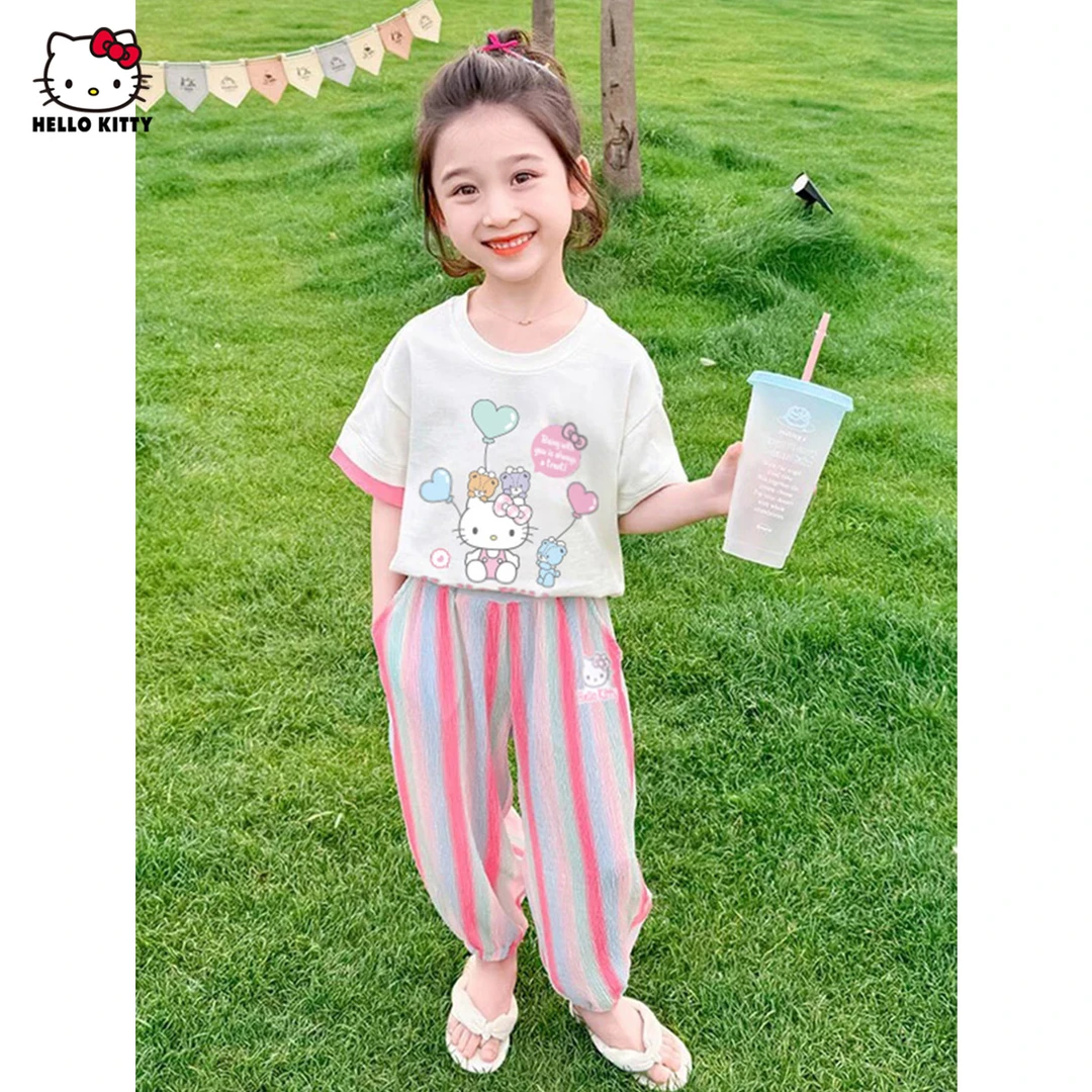 女童夏季T恤2025新款卡通多巴胺风格活力中大童夏装两件套