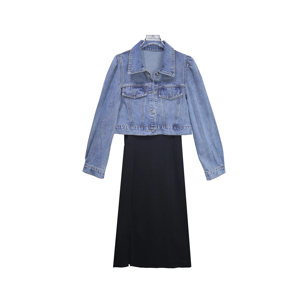 E63320【新款】时尚美式复古浅蓝色牛仔短外套套装