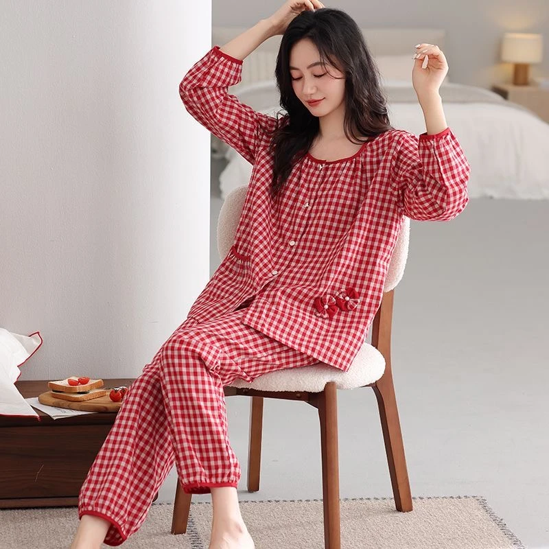 带胸垫睡衣女春秋款梭织纯棉长袖秋冬薄款全棉格子大码家居服套装