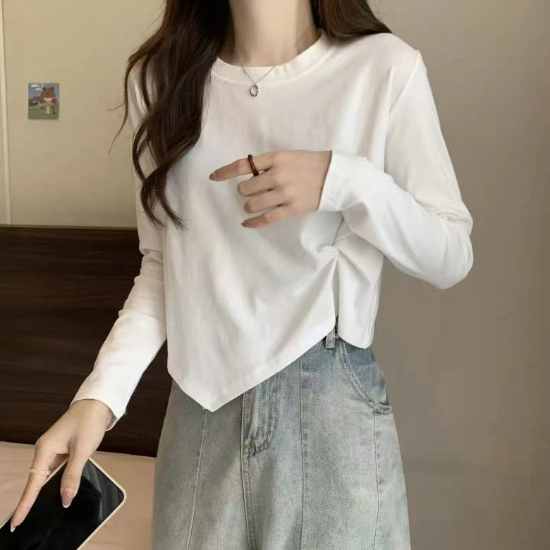 百搭白色长袖t恤女秋季新款大码胖mm打底衫宽松遮肚子不规则上衣