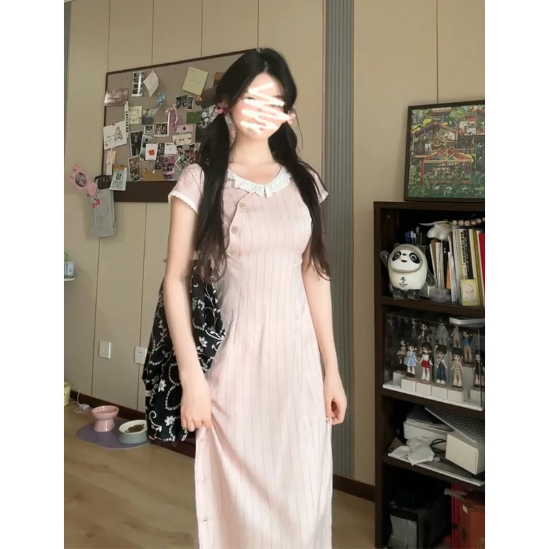 设计感连衣裙2025夏季新款新中式花边短袖收腰显瘦中长款条纹裙子