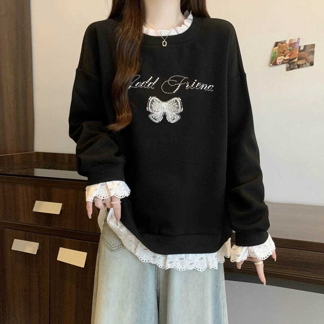 撞色蕾丝花边蝴蝶结刺绣卫衣女秋季大码胖mm减龄洋气百搭宽松上衣