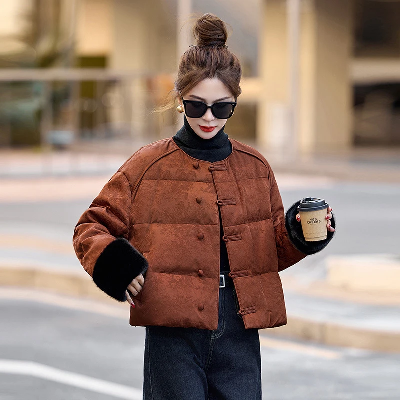 DUCURNO新中式国风羽绒服女2025年冬季新款加厚提花复古盘扣外套