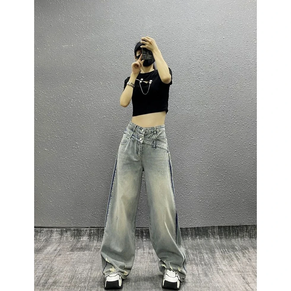 个性高腰设计侧边拼色破洞牛仔裤女春新款宽松显瘦百搭直筒阔腿裤
