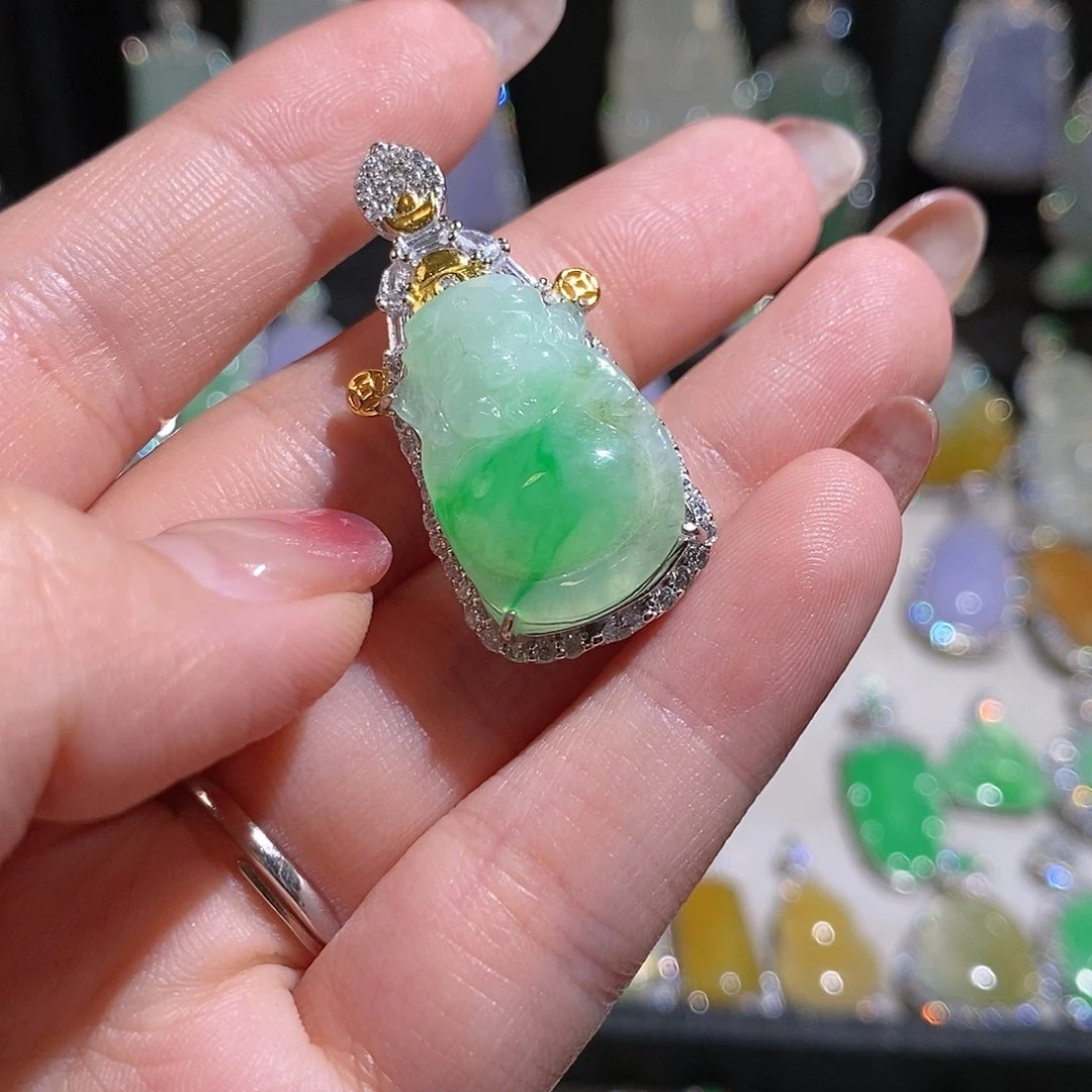 翡翠银S925镶嵌颈饰小*圆天然翡翠