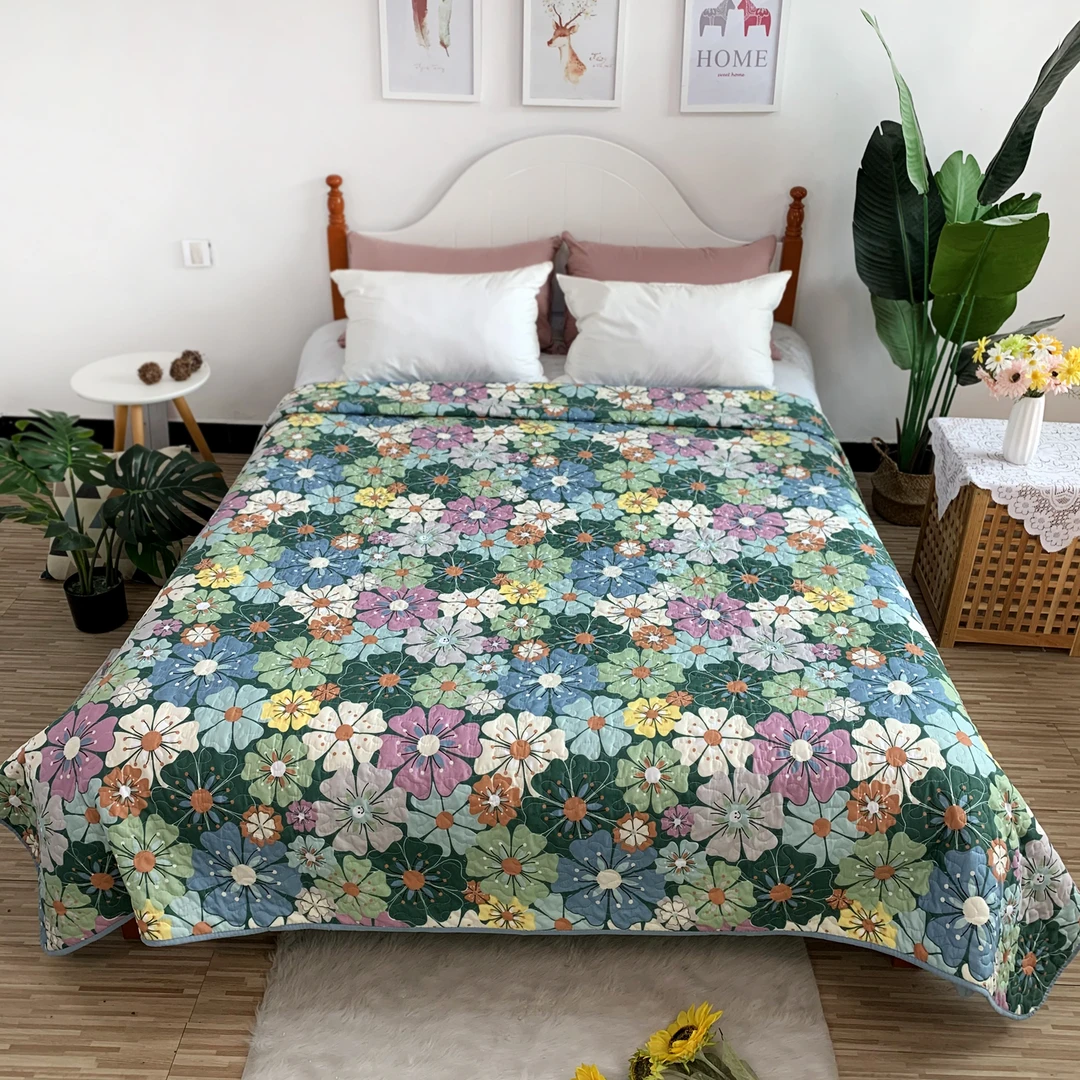夏日花卉款亲肤棉床盖夹棉衍缝四季款加大220*240双面两用盖毯