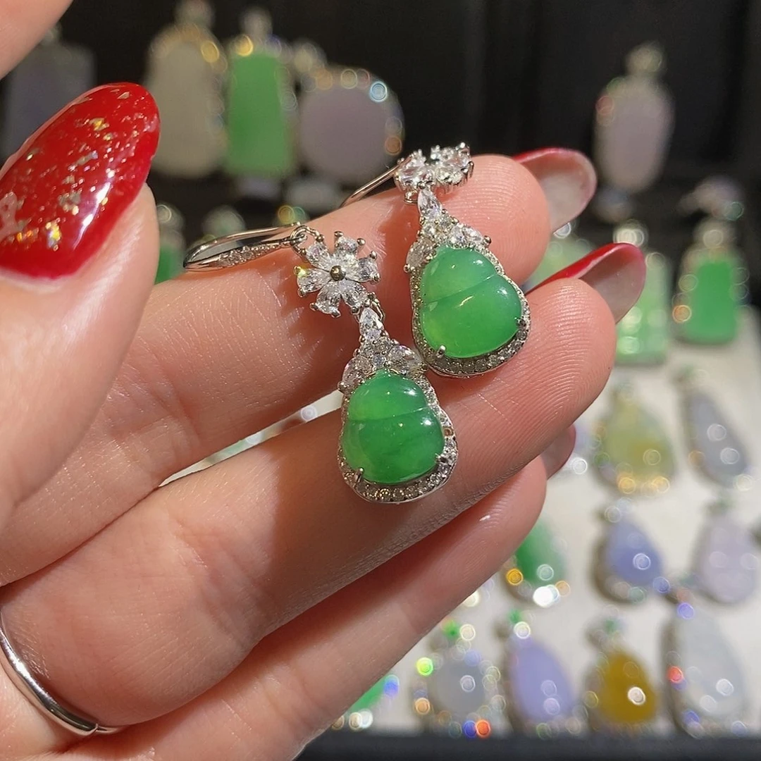 翡翠耳饰银S925镶嵌A***y天然翡翠