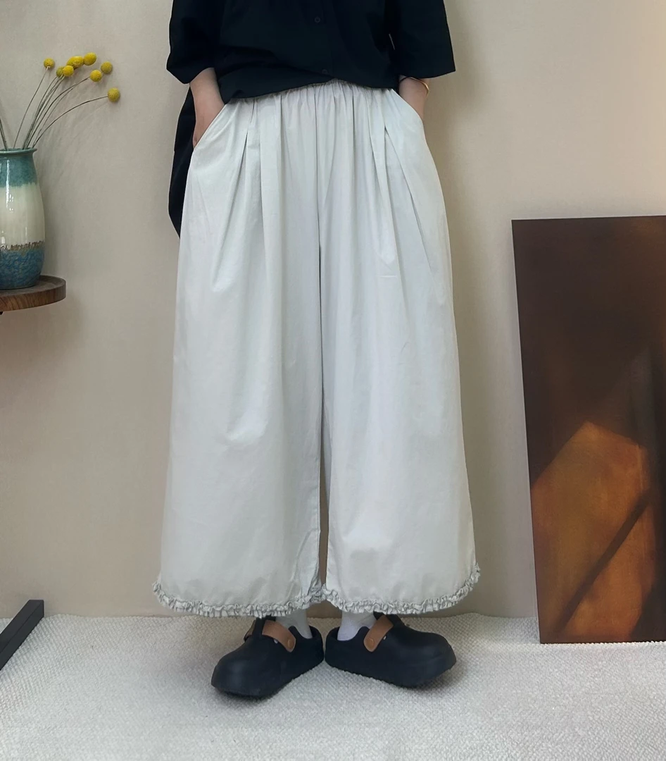 夏季新款宽松休闲百搭慵懒风花边阔腿裤