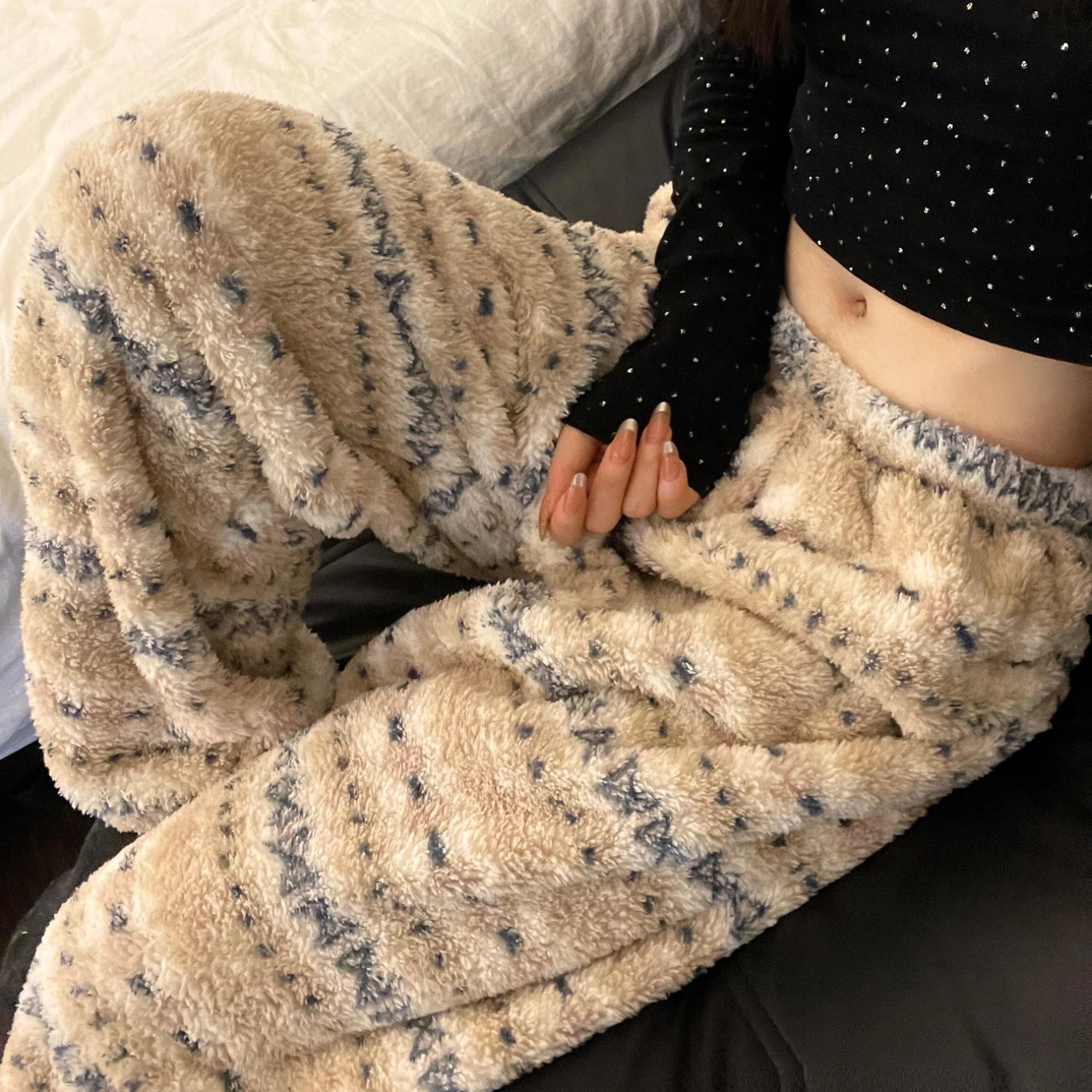 韩版简约复古条纹睡裤女秋季新款加厚保暖长裤休闲阔腿裤子可外穿