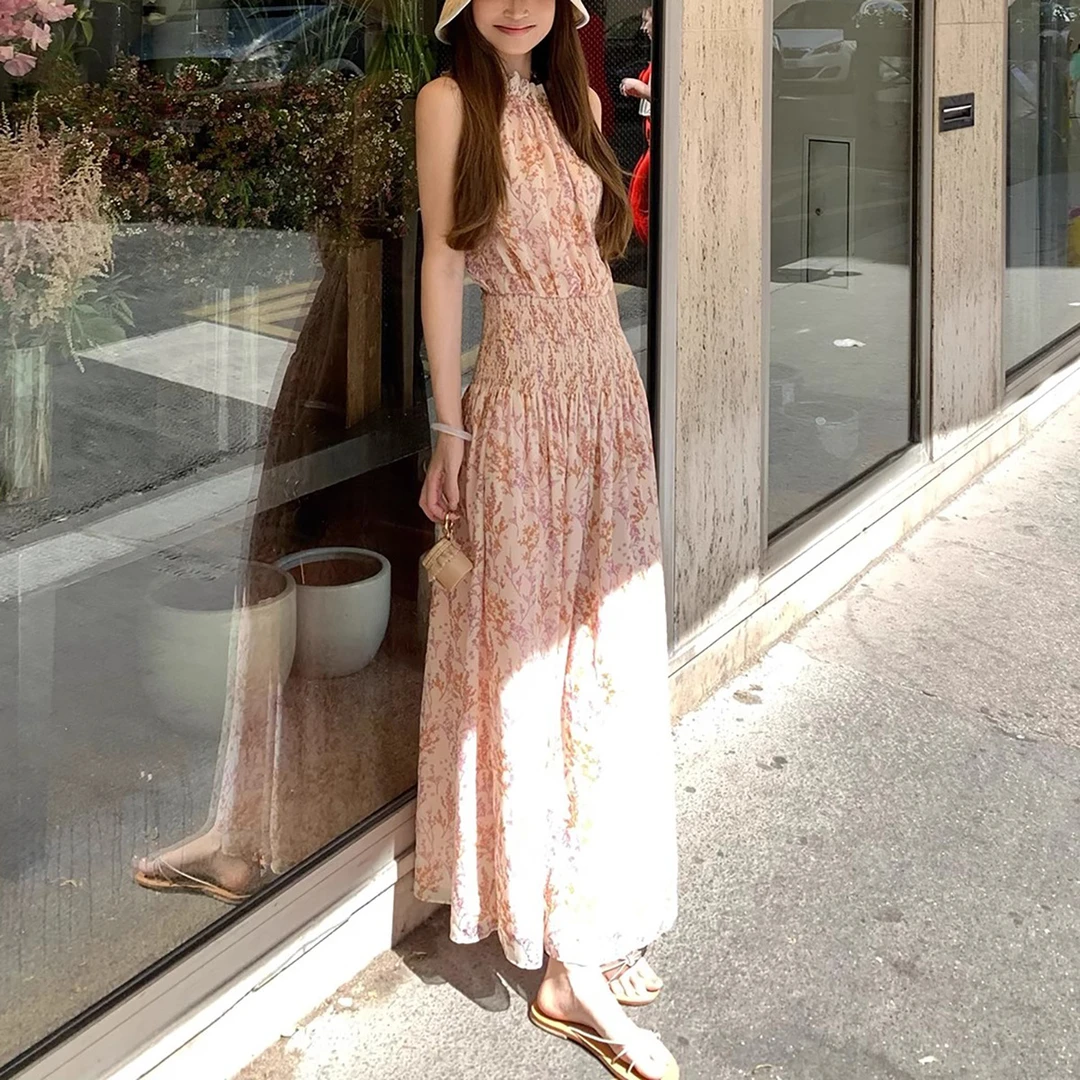 淡花疏影 清丽氛围收腰打揽挂脖碎花裙/上衣法式无袖气质连衣裙