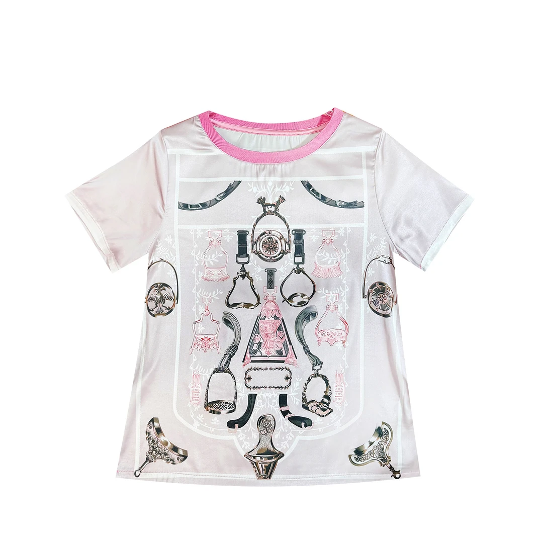 ‘’奢华马镫“ 桑蚕丝上衣 大牌H丝巾印花轻奢短袖T恤女