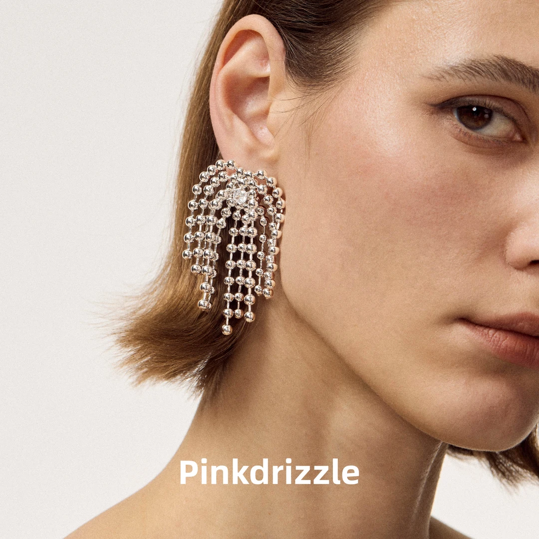 Pinkdrizzle 铜合金合成锆石耳饰 琉光花火珠珠流苏气质耳饰小众