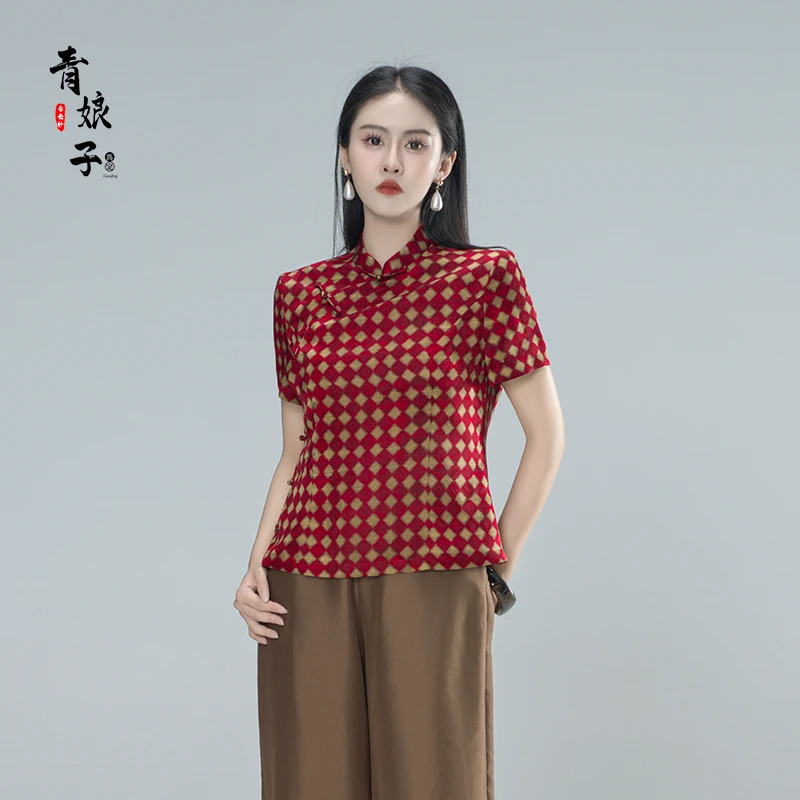 青娘子-香云纱(瑾遥)年轻款提花花萝国风新中式复古短袖上衣60902
