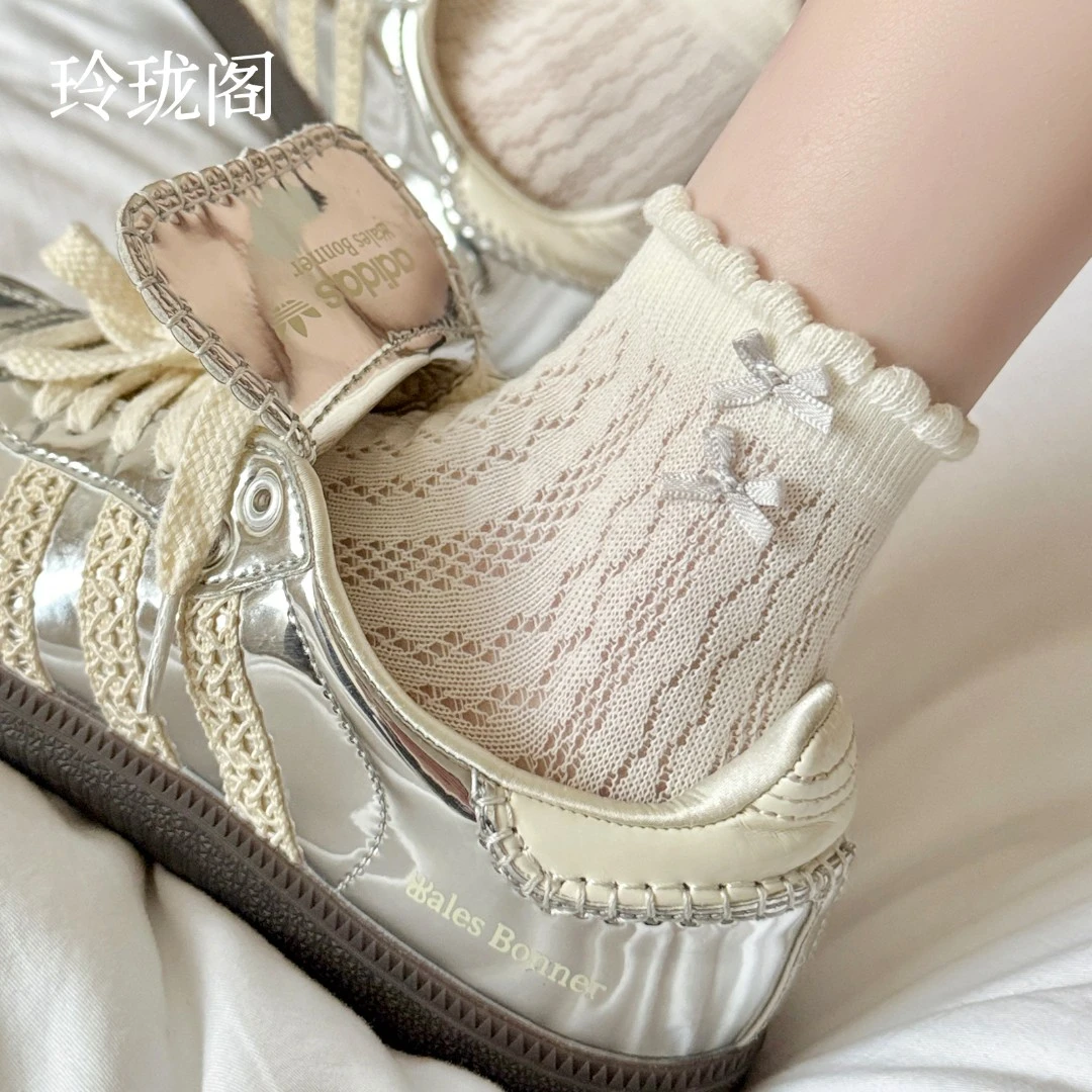 蝴蝶结袜子女夏季薄款棉袜花边中筒袜网眼无骨ins潮日系夏天短袜