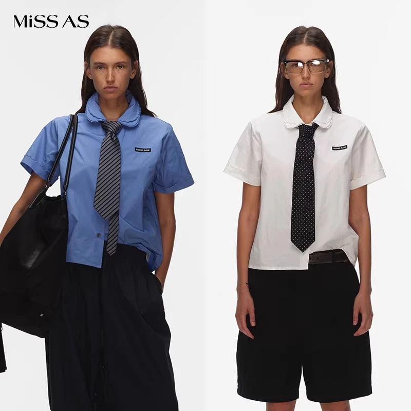 【ECHOADE】双层弧形彼得潘小翻领短袖衬衫上衣