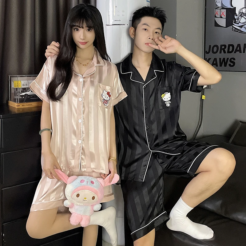 情侣睡衣女夏季冰丝薄款短袖2025新款条纹高级感男士款家居服套装