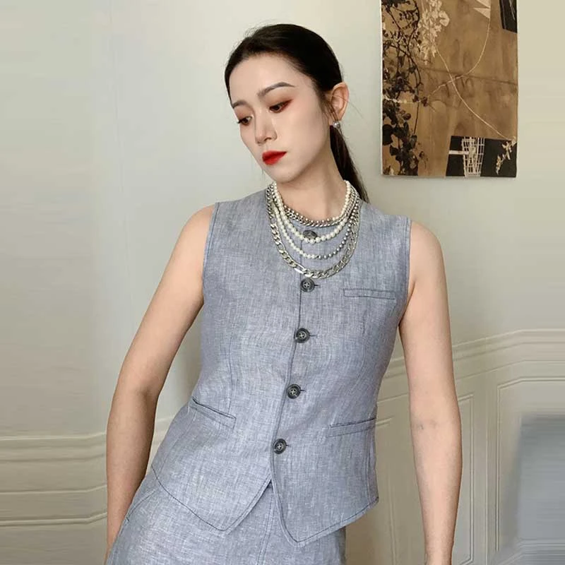 【商场同款】外穿时尚百搭小V领亚麻老钱风无袖背心灰色马甲140012