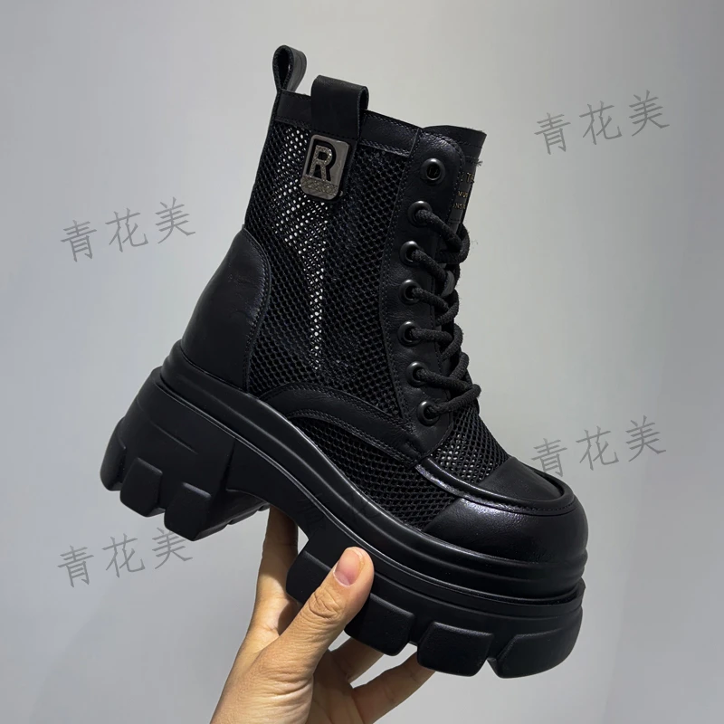 2025年夏季新款网靴薄款网纱透气马丁靴女厚底小个子增高黑色靴子