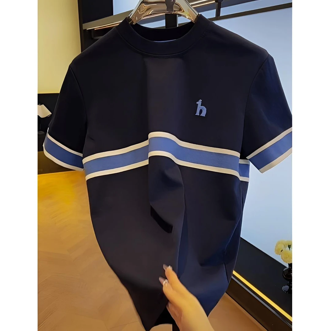 潮牌夏季轻奢高端拼色2025男士短袖T恤爆款经典撞色休闲圆领上衣