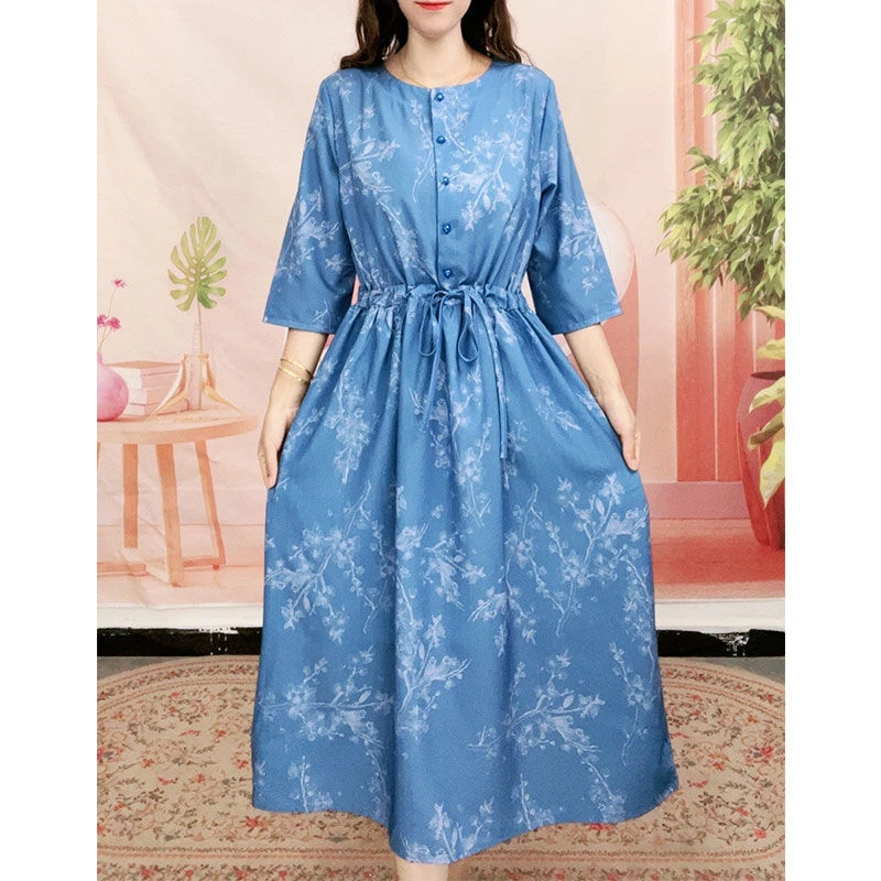 6929#文艺印花气质碎花长裙连衣裙舒适透气显瘦国风长款夏天裙子