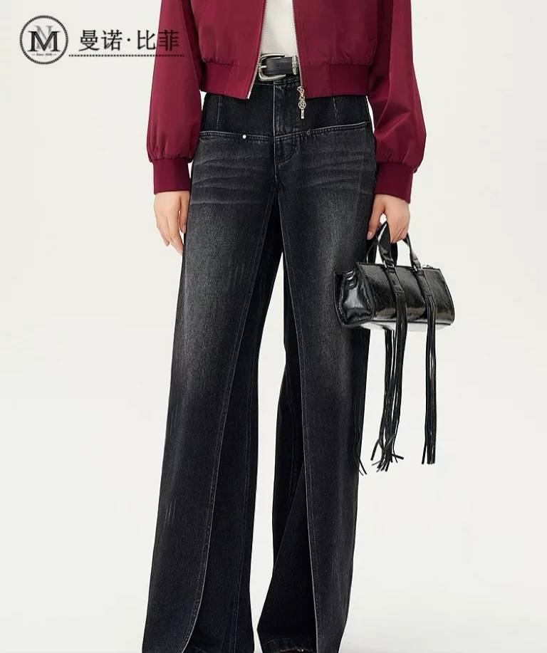 曼诺比菲2025商场同款MGFK111007复古高腰阔腿直筒百搭牛仔裤