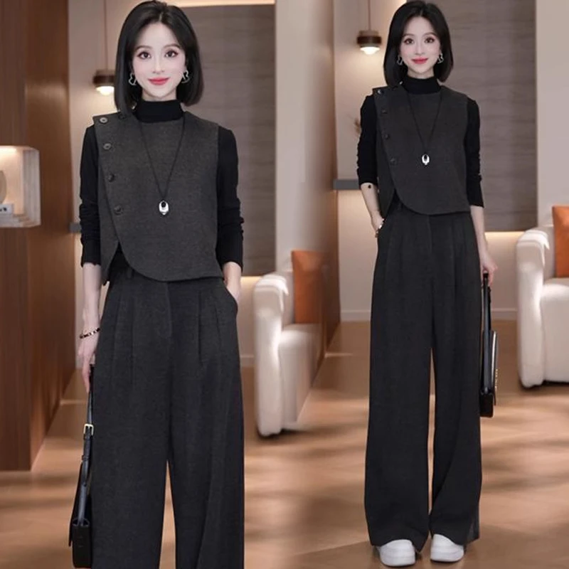 时尚套装女2025秋季新款洋气显瘦马甲打底衫直筒裤气质百搭三件套