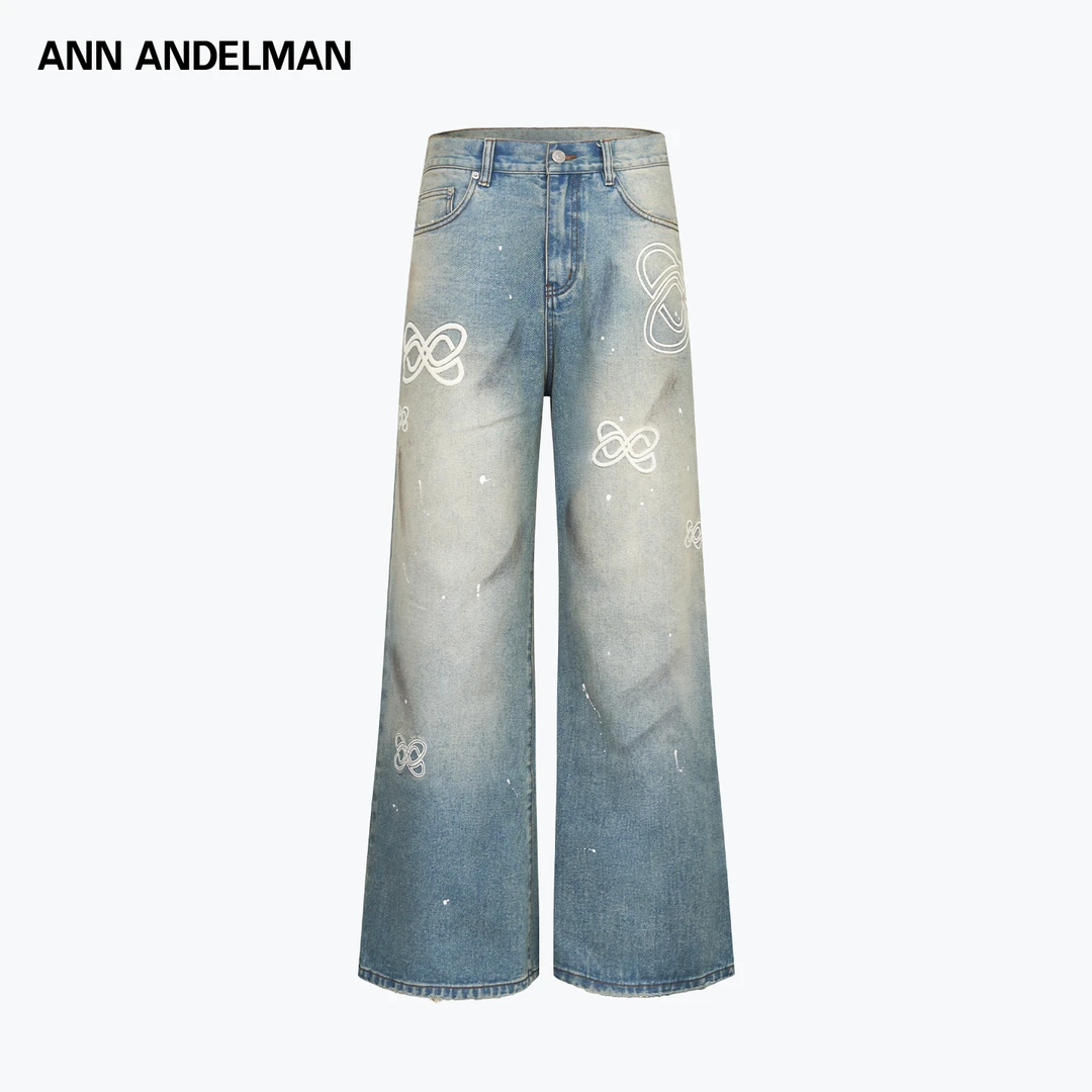 【男女同款】ANN ANDELMAN泼墨系列秋冬牛仔裤logo绣花休闲微喇裤子
