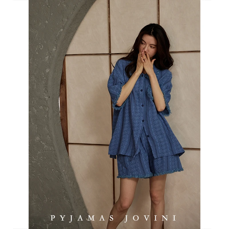 俏薇妮睡衣女夏季带胸垫一体纯棉纱布婴儿棉凉感薄款蓝色短袖套装