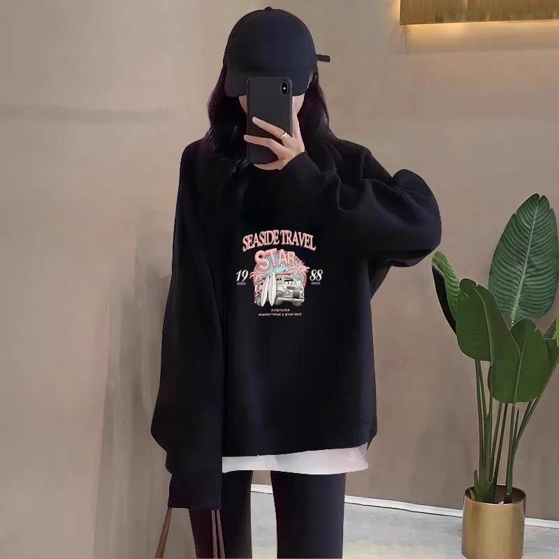 假两件圆领卫衣女2025秋冬新款宽松中长款遮屁股加绒加厚黑色上衣
