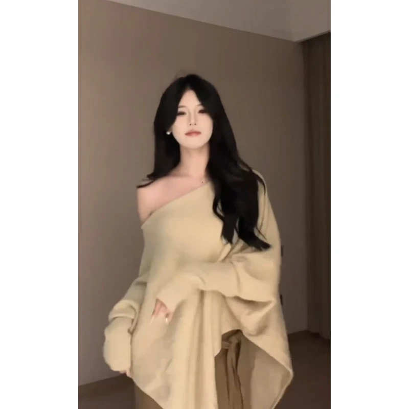 2024秋季新款时尚气质慵懒风宽松长袖针织上衣高腰显瘦A字长裙女