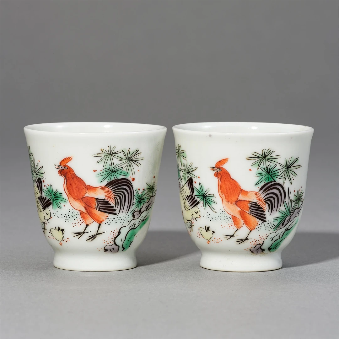 LOT511 民国五彩子母鸡小杯一对