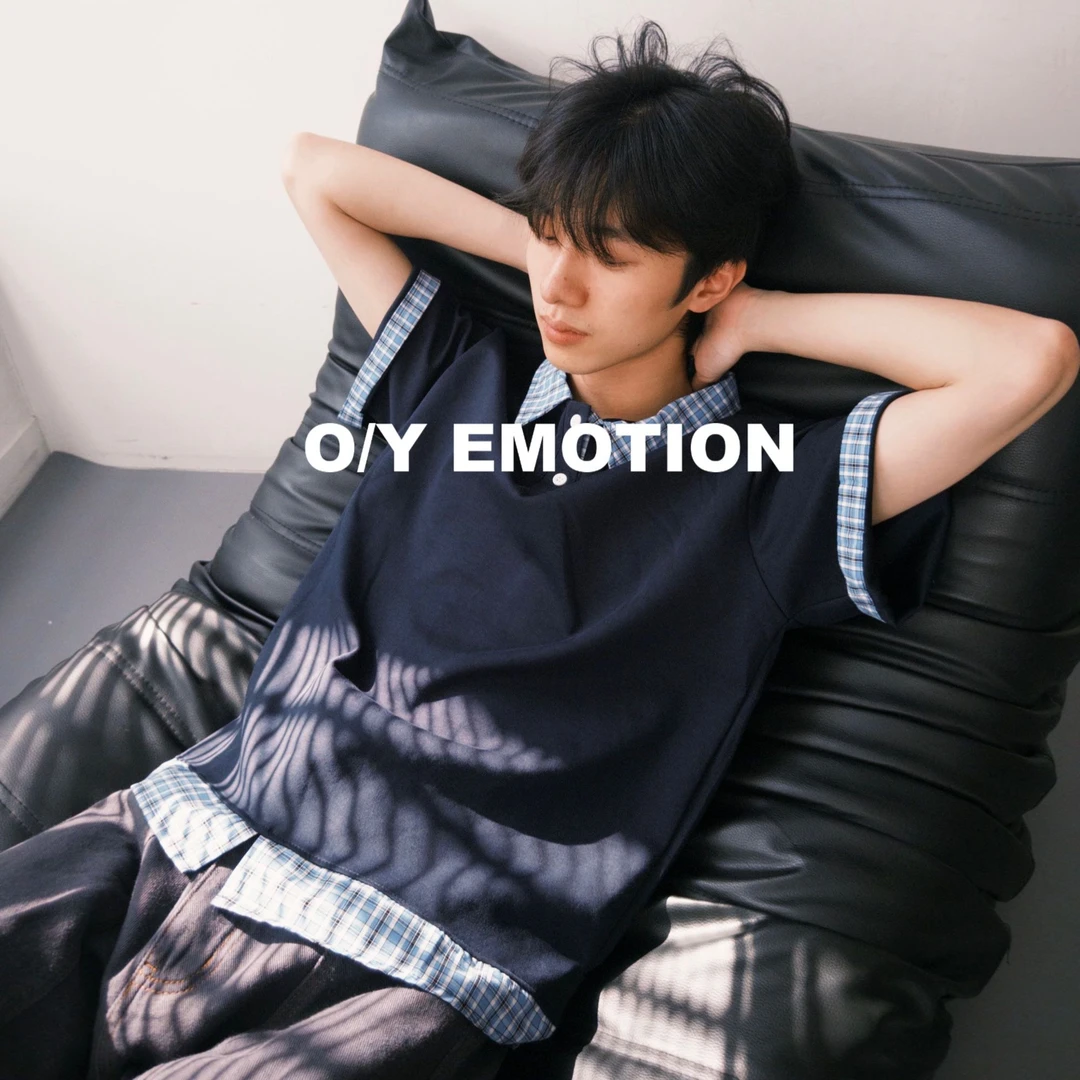 O/Y自制 藏蓝色格纹假两件polo领短袖衬衫cleanfit短宽高级感T恤