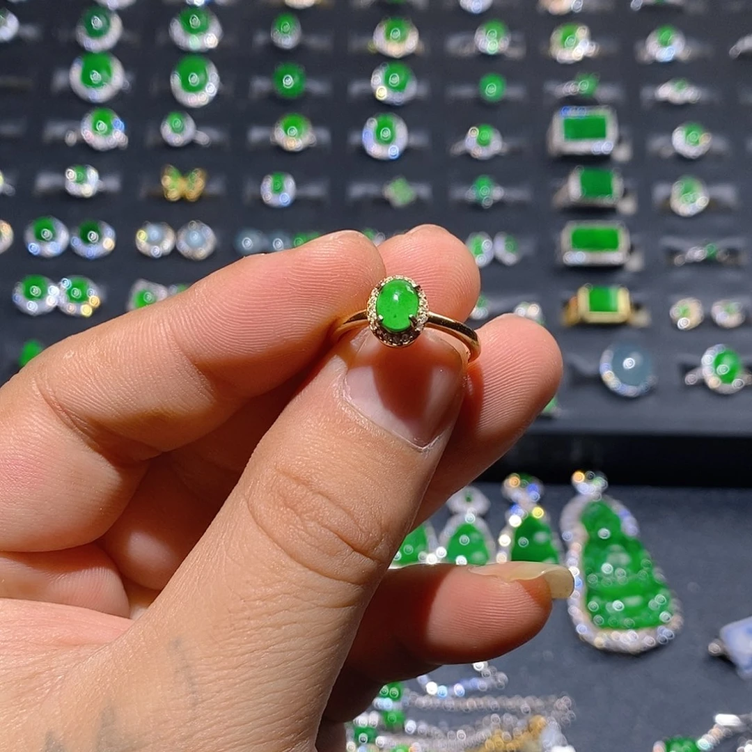 翡翠银S925镀金镶嵌戒指