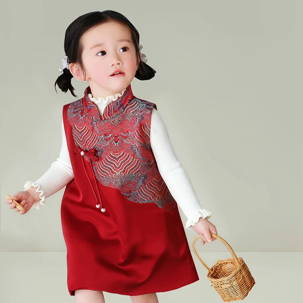 周岁女宝礼服2025秋冬生日裙红色新中式国风旗袍裙女童背心连衣裙