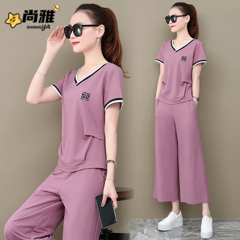 中老年妈妈夏季短袖小衫阔腿裤运动服休闲套装女阔太太洋气两件套