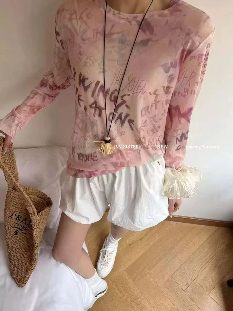 6136佳选轻奢新款设计感粉色字母冰丝网纱防晒显瘦百搭气质上衣