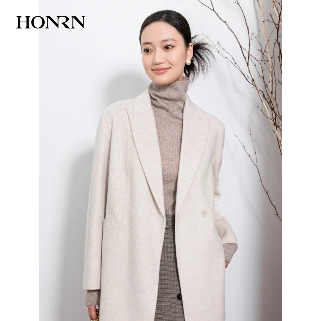 HONRN/红人西装领双面羊驼毛羊毛呢子大衣外套女秋冬HI55OD029