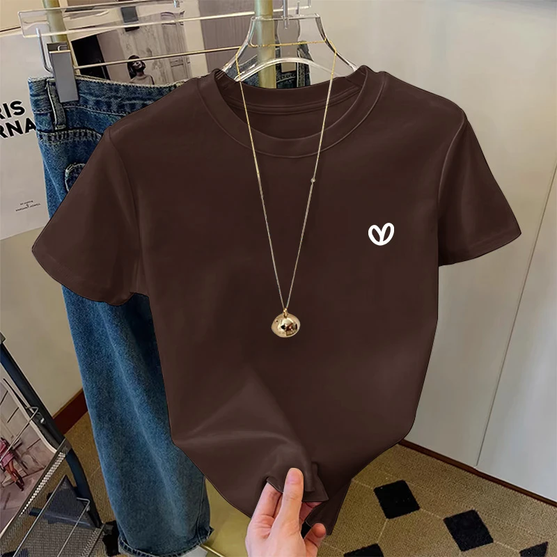 2025新款正肩短袖t恤女小众设计感时尚百搭休闲咖啡色上衣春夏季