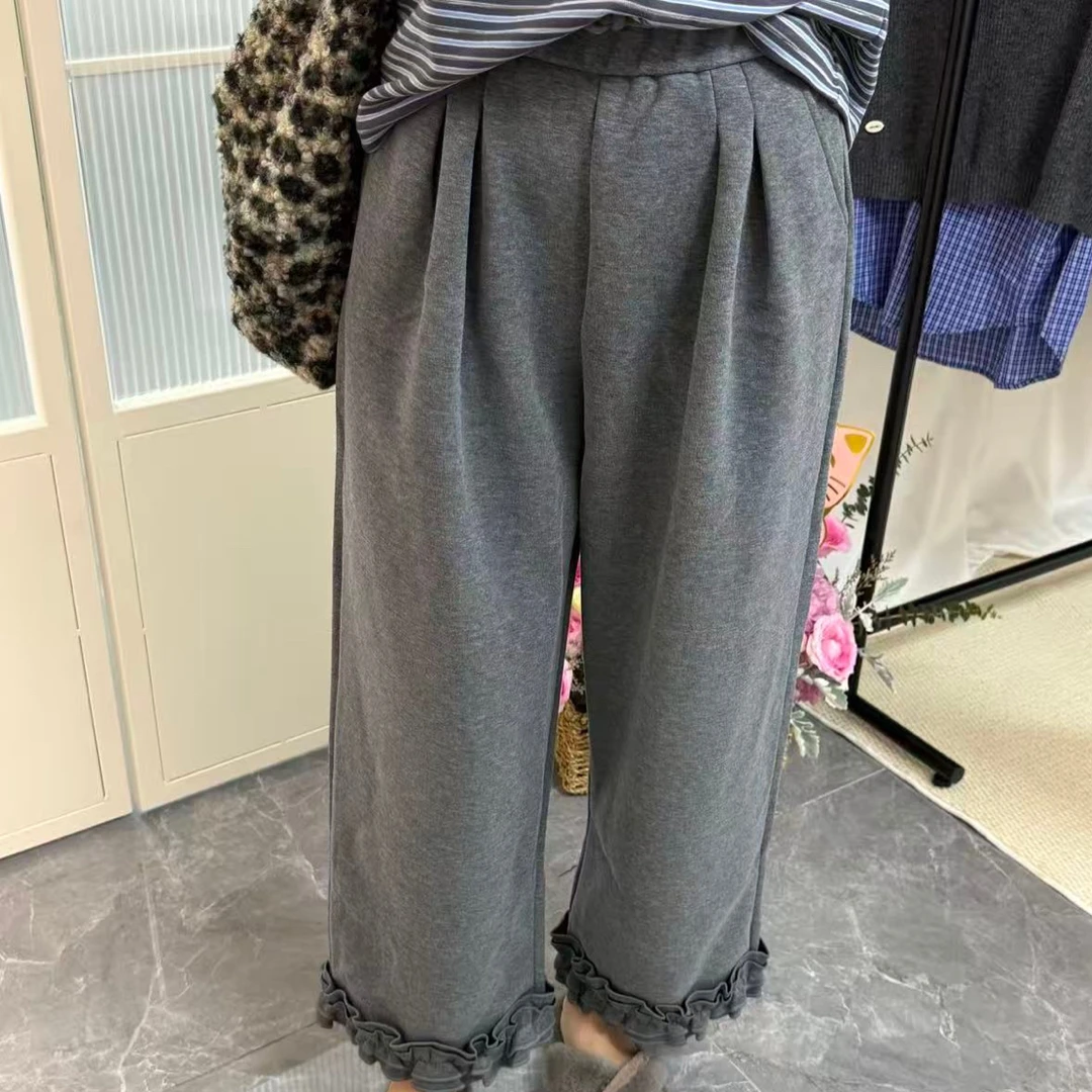 韩系秋冬时尚宽松高腰花边抽绳阔腿休闲裤