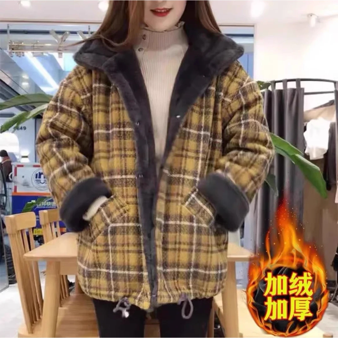 YH格子毛呢加绒加厚棉服女宽松大码中长款外套小个子冬季新款妈妈