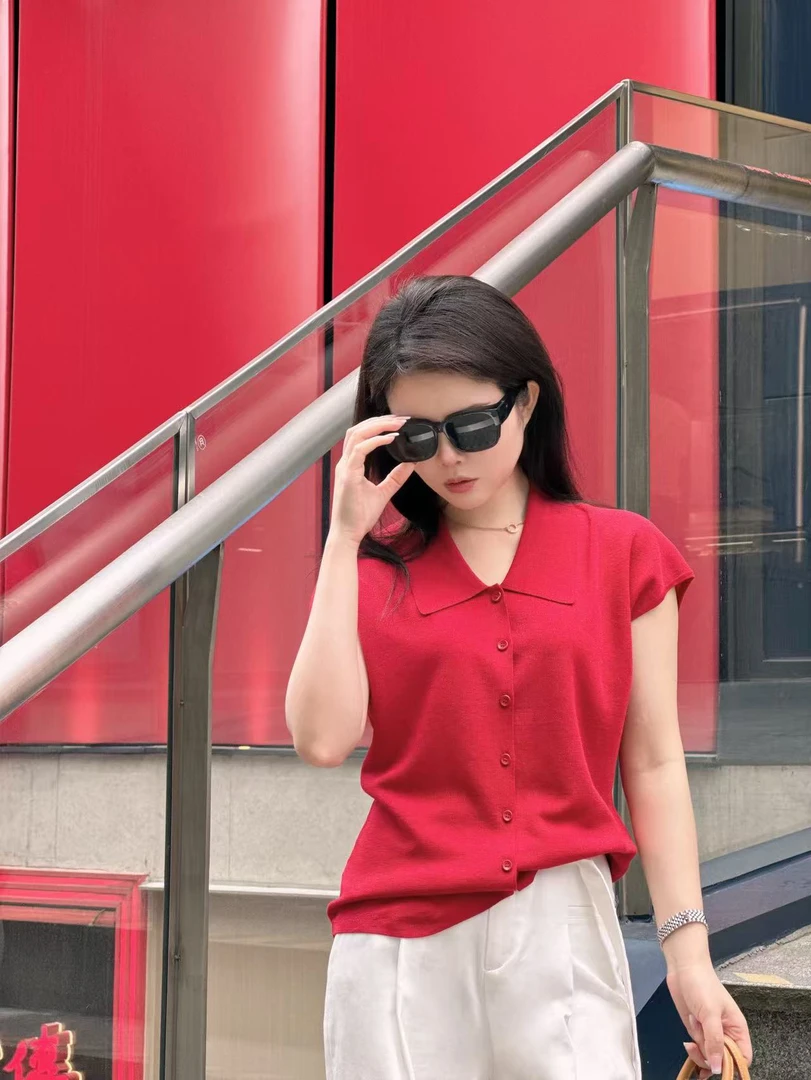 ODUOER【实体同款】酒红色毛针织衫女夏季纯欲风薄款翻领开衫短袖