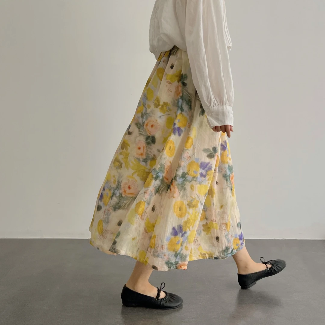 法式时尚2025夏季油画晕染风碎花高腰显瘦百搭A字碎花裙半身裙