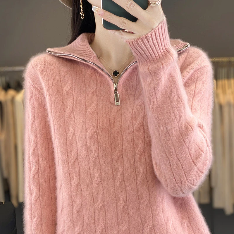 全身绞花麻花纯色女羊毛衫针织衫拉链高领套头宽松打底衫QH2445