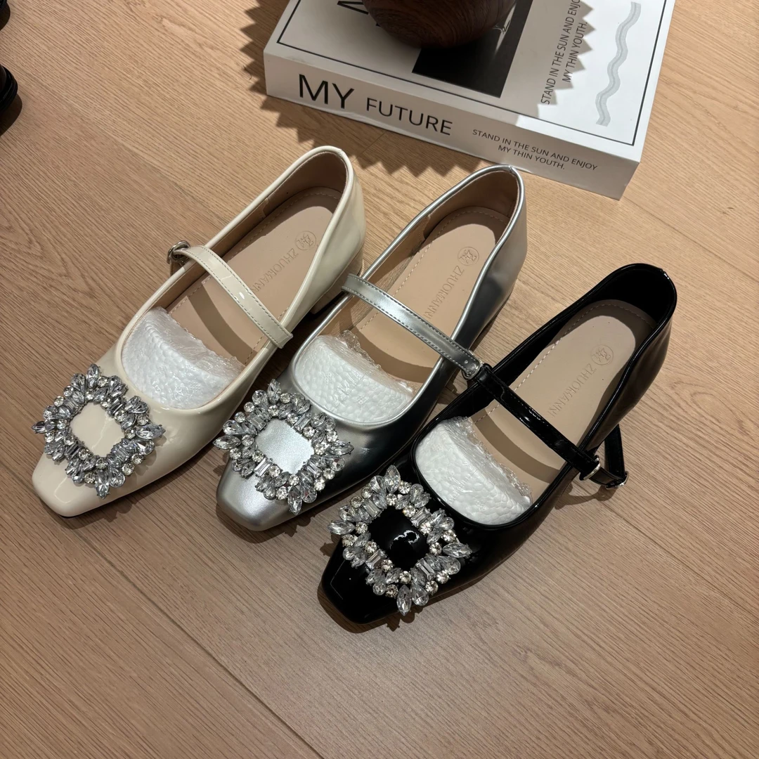 单鞋百搭夏季复古法式粗跟高跟平底方头水钻方扣单鞋气质时尚浅口